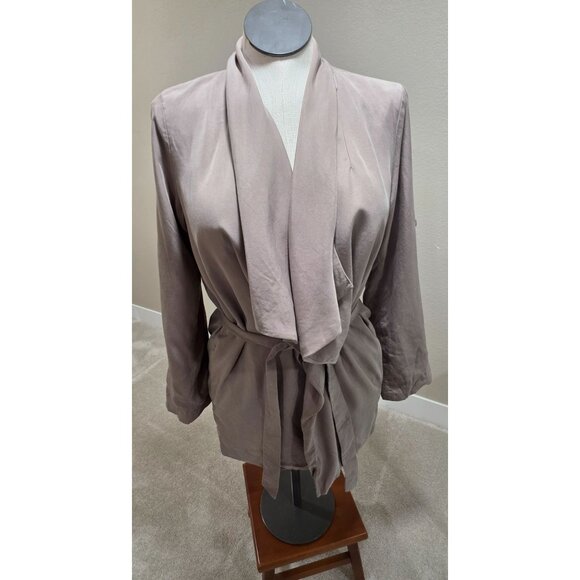 Draped Shawl Collar Taupe Open-Front Long Sleeve Jacket - Picture 7 of 12